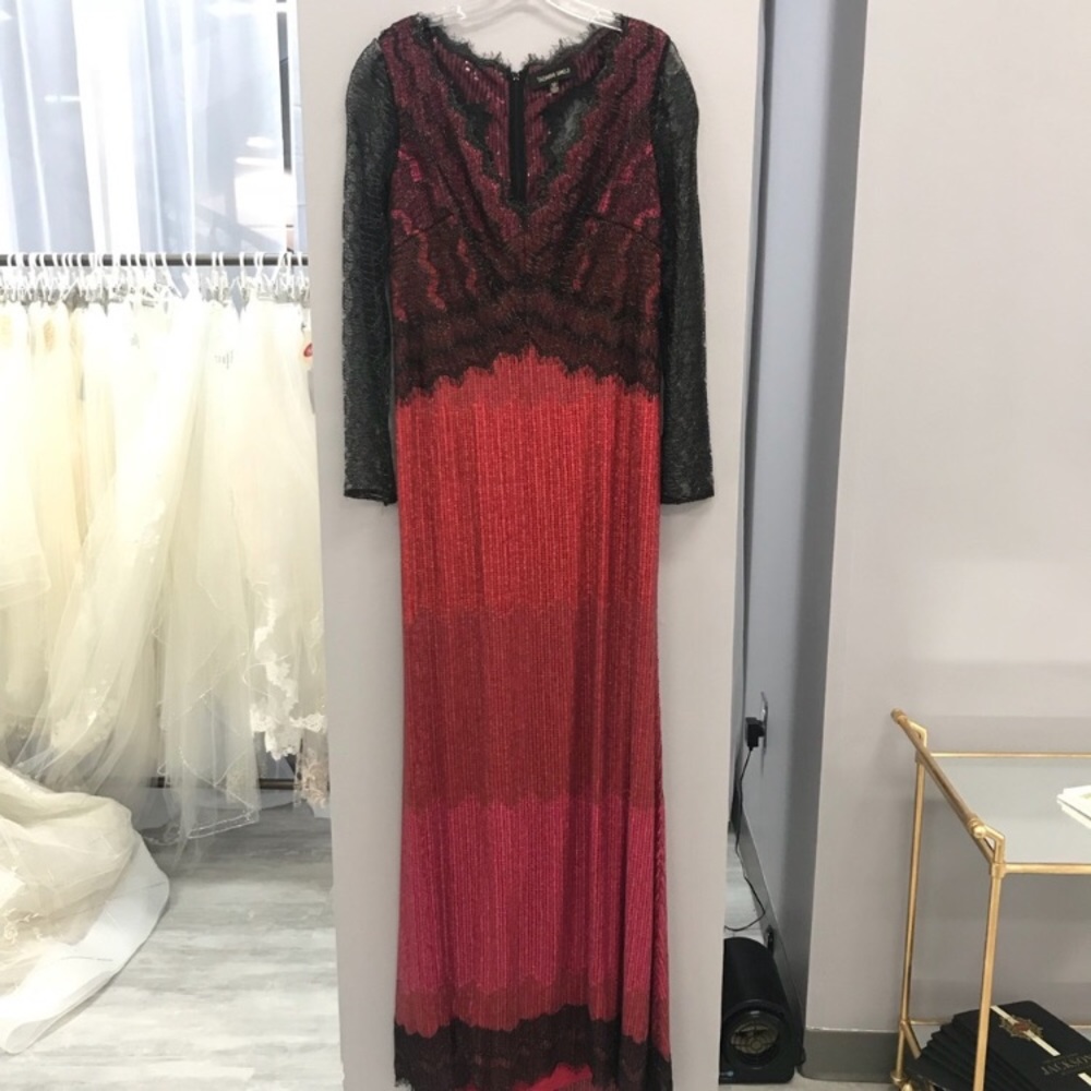 Metallic Chantilly Lace Over Sequin Lace Long Sleeve Gown - Picture 6 of 12